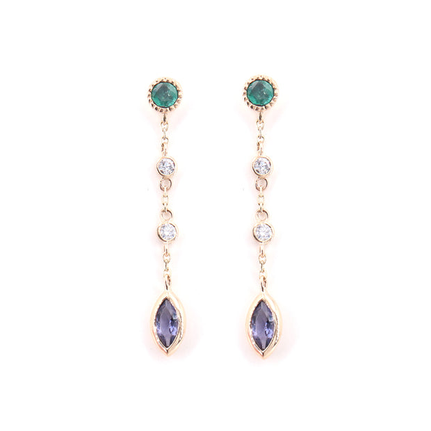 Emerald, Iolite & Diamond Long Dangle Earrings (Pair)